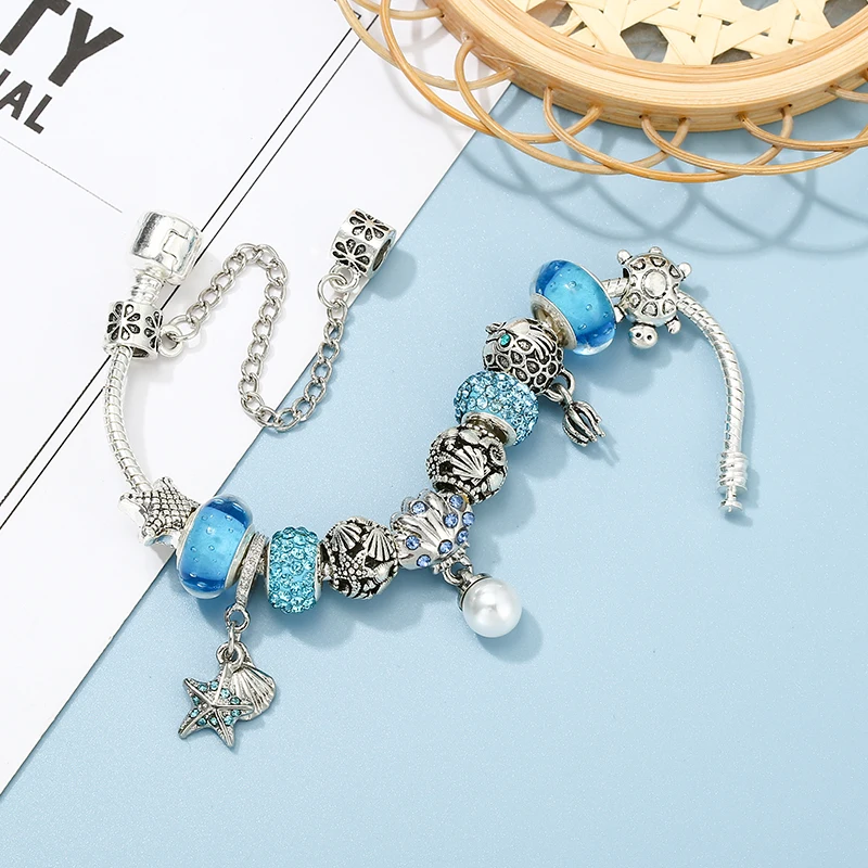 Braccialetti con ciondolo a forma di pesce conchiglia stile estivo con bracciale con perline di tartaruga Color argento per donna uomo ragazza