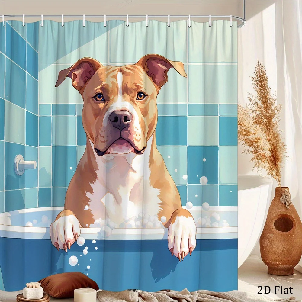 かわいい犬のシャワーカーテン浴槽の中のピットブル防水生地の浴室カーテン面白い動物バススクリーン装飾フック付き