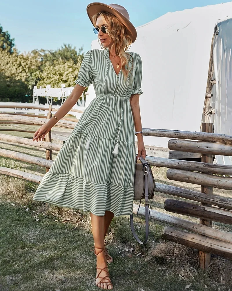 Women Elegant Striped Lantern Sleeve Summer Dress Causal V-neck Button  Ruffles Midi Dress 2025 Women Beach Holiday Party Dress