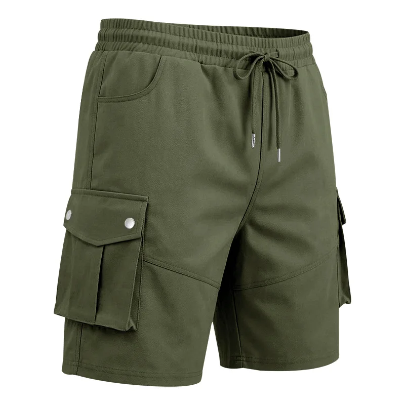 

2026 Summer Men Elastic Drawstring Cargo Shorts Multi Snap Pocket Light Knee Length Outdoor Street Daily Casual Work Short Pants