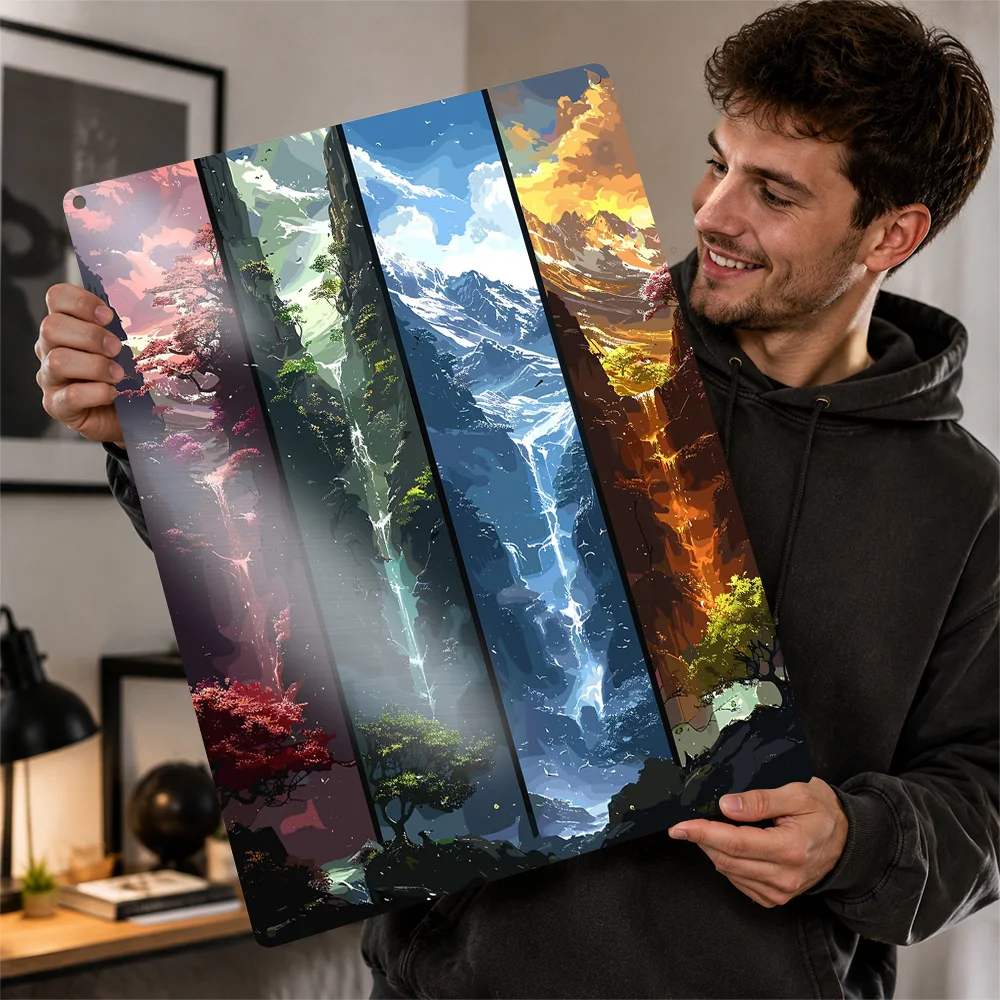 Four Seasons Waterfall Landscape Metal Poster Perfect Gift for Fans Lovers Personalized Wall Art Metal Sign for Room Decor Home