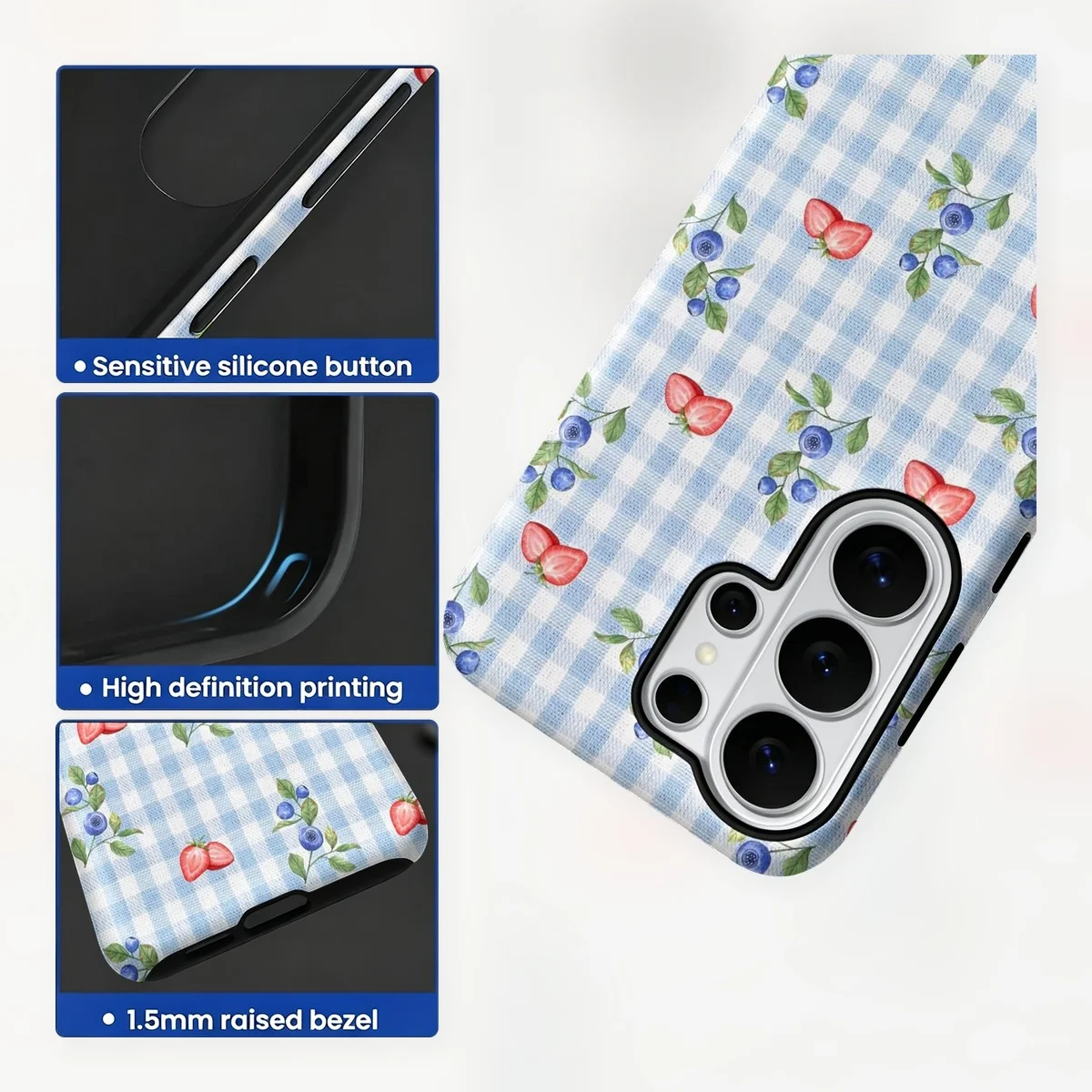 Blueberry Strawberry Gingham 2-in-1 Dual-Layer Phone Case for Samsung Galaxy S26 S25 S24 Plus Ultra FE S20 FE A56 A17 A16 A15