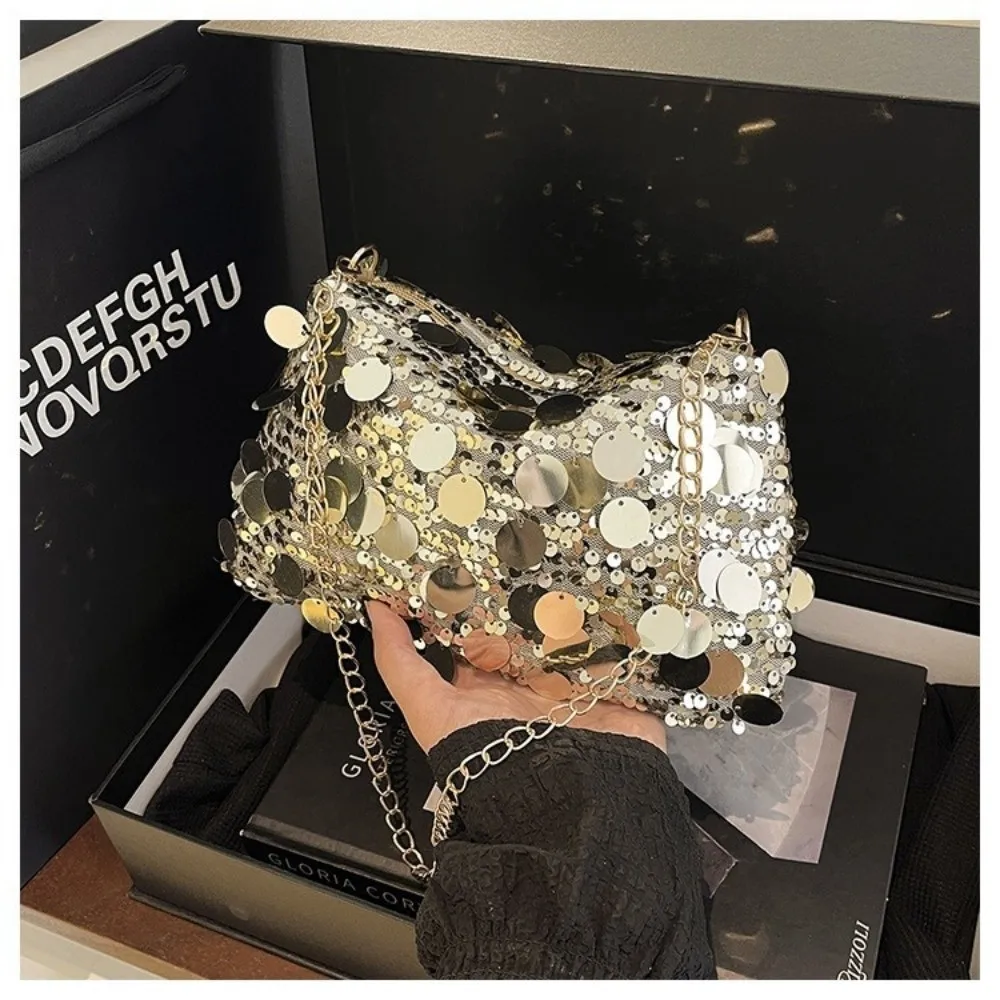 Portable Sequin Shoulder Bag Large Capacity Lightweight Chain Crossbody Bag Solid Color Female Handbag For Evening Party