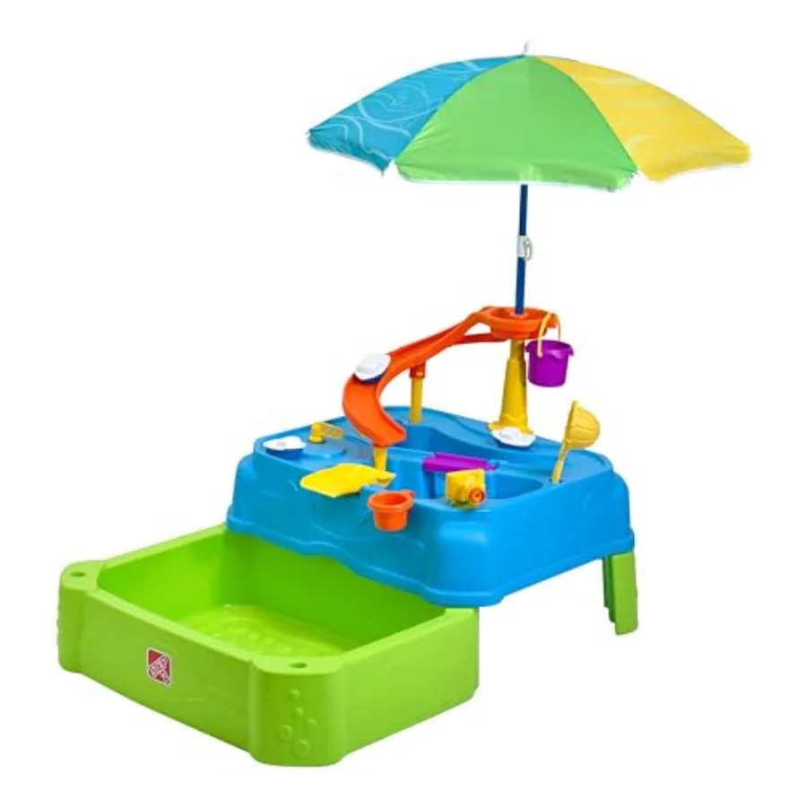 Waterpark Wonders Mesa de água de duas camadas, conjunto de jogos sensoriais de atividades aquáticas para crianças, vem com guarda-chuva, brinquedos de verão ao ar livre, 11 peças