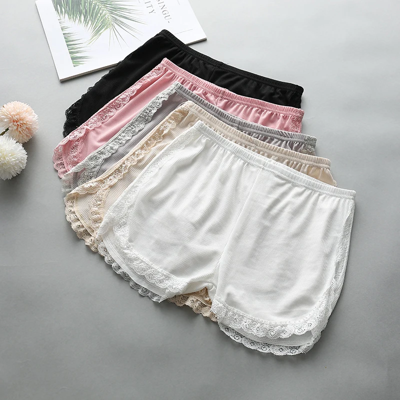 Women Spring Summer Same Color Side Lace Safety Shorts Pants Sweet Loose Elastic Home Sleep Shorts Nightwear Bottom Thin Pajamas