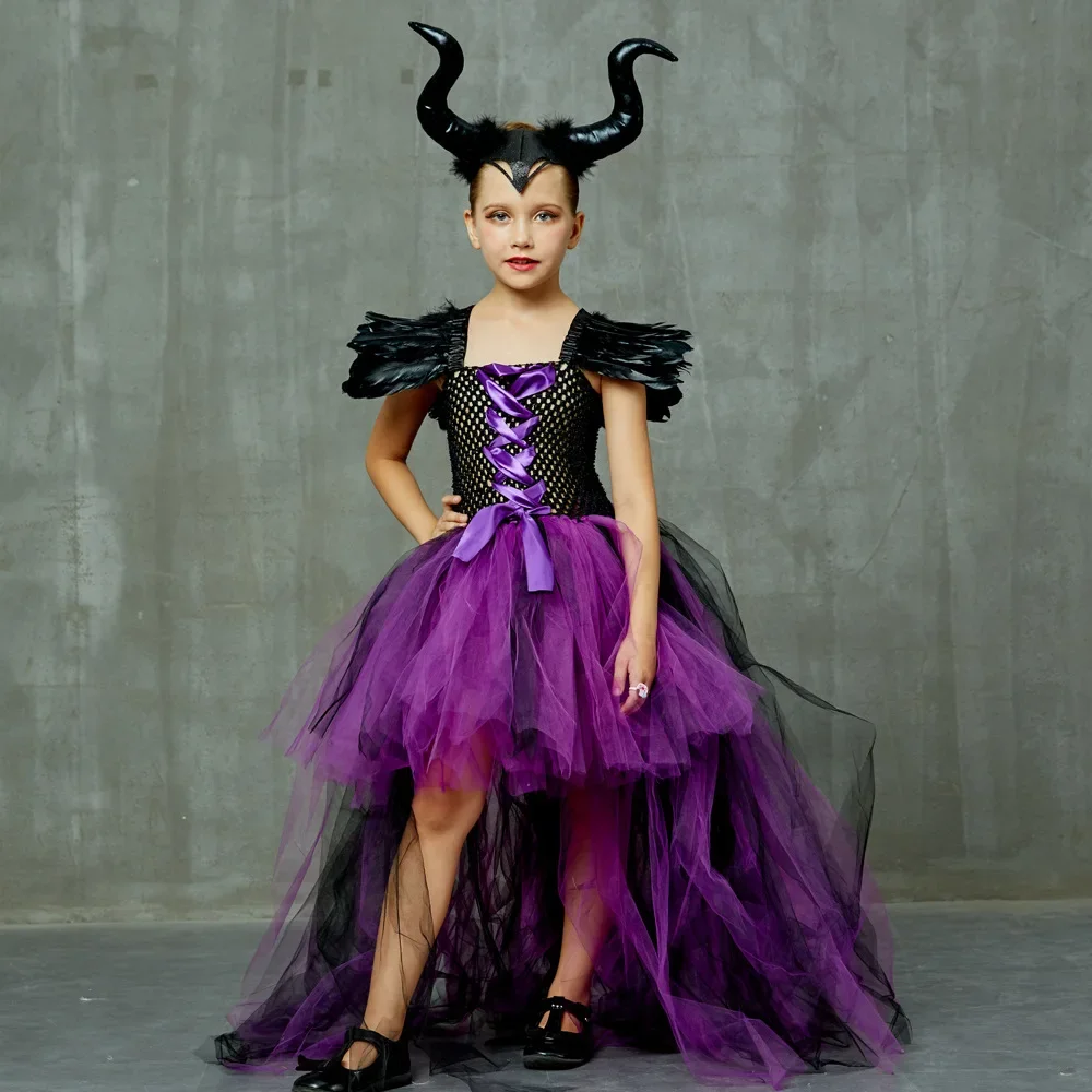 Kinder-Federkleid mit Schulterverzierungen, Gothisches Kleid für Mädchen, Lila-Schwarzes Netz-Tüllkleid für Halloween-Verkleidungspartys – Detail 10