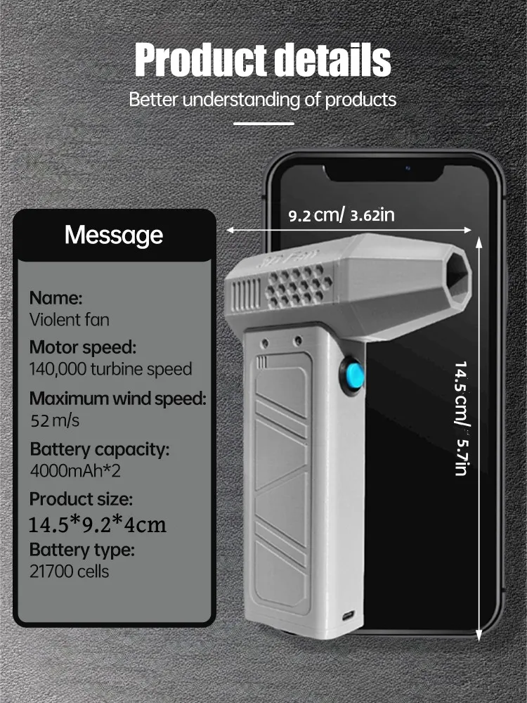 Portátil poderoso ventilador de ar, 140000RPM, Turbo Jet Fan, sem escova Motor Jet Turbo Blower, Handheld Duto Fan, 62 m/s, Tipo Seco-C