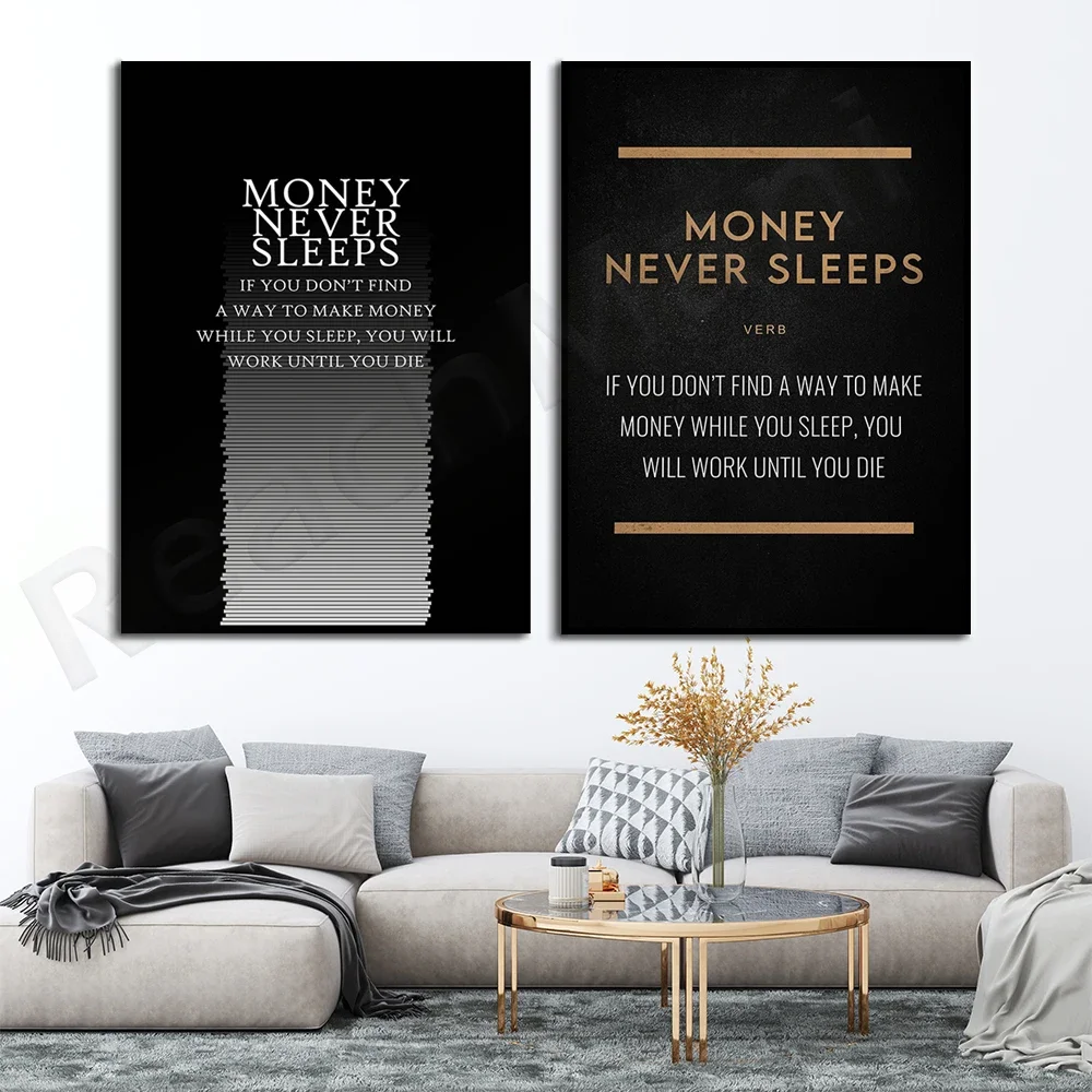 Money never sleeps, typography, canvas wall art motto painting printing Nordic poster letters home decoration