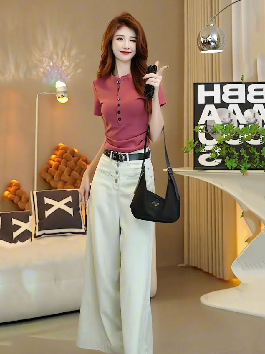 

Модный профессиональный женский летний комплект: топ с круглым вырезом и утягивающей талией, повседневные прямые широкие брюки