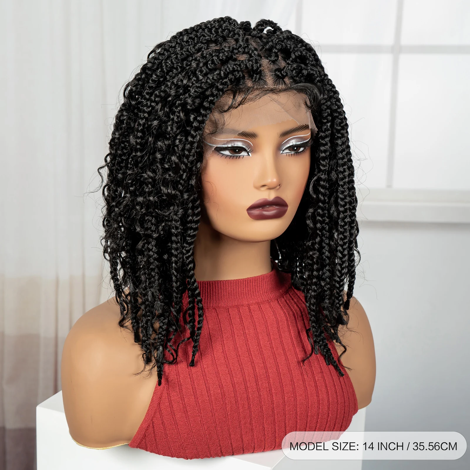 Knotless صندوق شعر مستعار مضفر 14 بوصة الاصطناعية الدانتيل الكامل الطبيعي مضفر الدانتيل الباروكات قصيرة بوهو مضفر بوب الباروكات للنساء السود #4