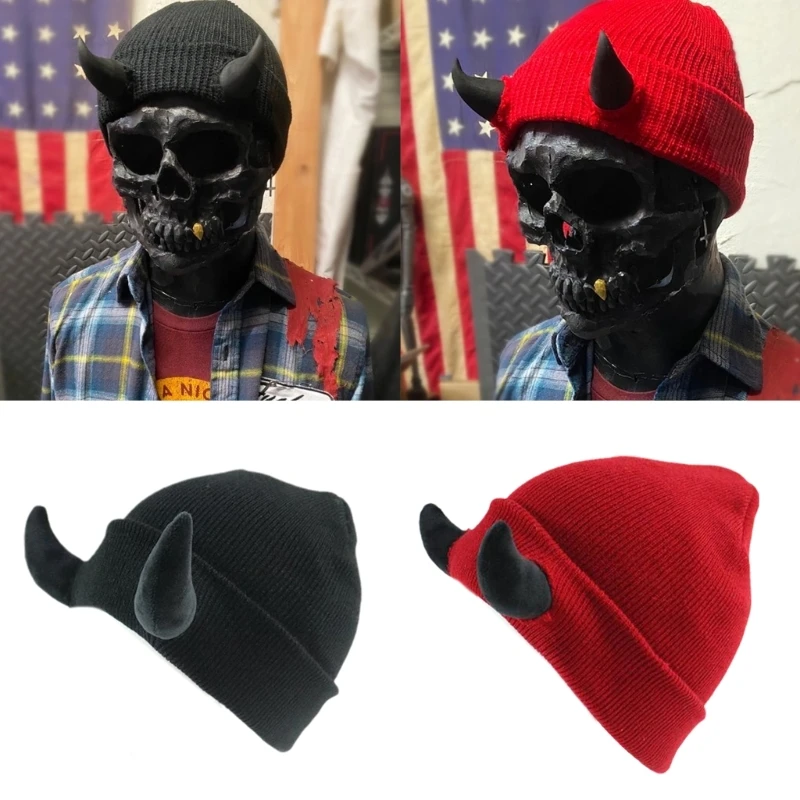 Novelty Knitted Beanie Cap for Women Men Adult Hat Pullover Evil Horns Hat Unisex Halloween Hat Party Props