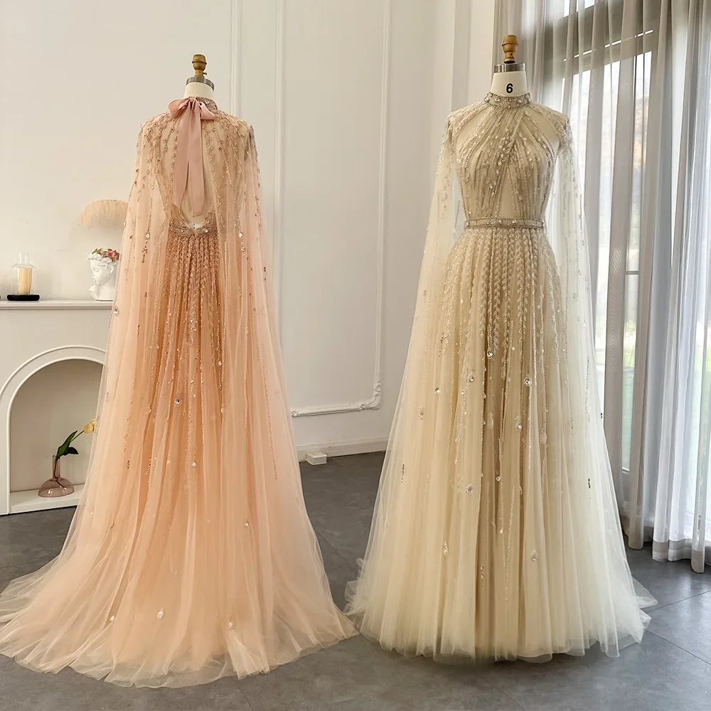 Luxury Dubai Evening Dresses with Cape Sleeves Elegant Long Beige Arabic Formal Dress for Women Wedding Party vestidos de fiesta