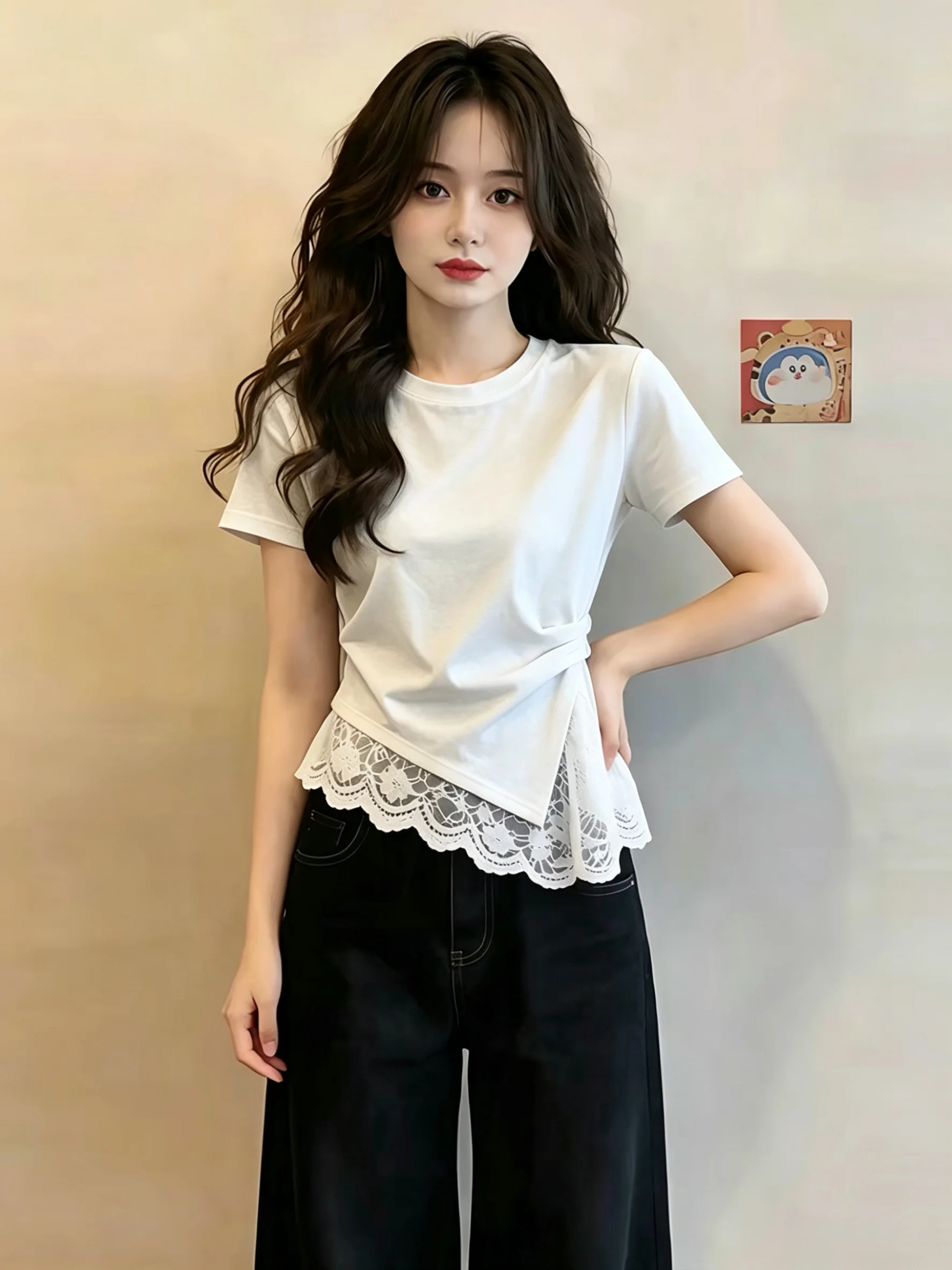 Slim Fit Short Sleeve T-Shirt Women's 95 Cotton Lace Patchwork Waist Cinching Summer New Style plus Size Big MM Top