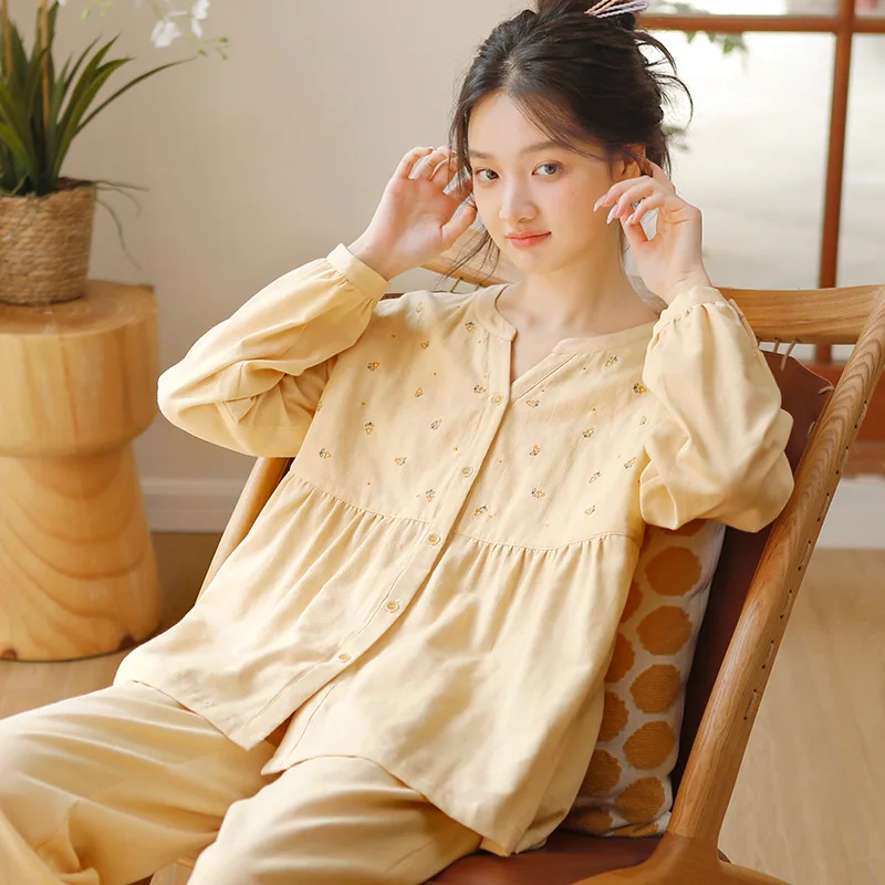 2026 New Autumn Women Pure Cotton Pajama Set Sweet Embroidery Notch Long Sleeve Loose Loungewear Soft Skin Friendly Sleepwear