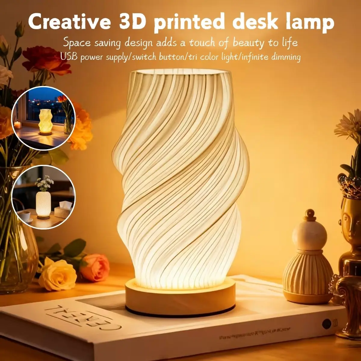 1pc USB Cream Style Wooden Base 3D Desk Lamp, Adjustable Bedside Ambient Light, Used for Living Room/Dining Room Decoration