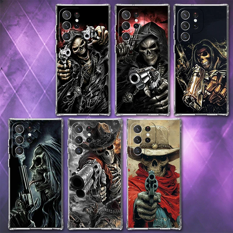 Reaper Skull Skeleton Gun Soft Phone Case For Samsung Galaxy S26 S25 Edge S24 S23 Ultra S21 S20 FE S22 Plus + Pattern Back Cover