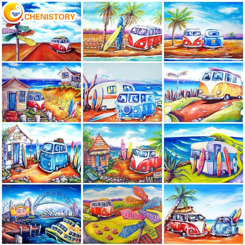 

CHENISTORY Interior Decoration Painting By Number Bus HandPainted Kits Acrylic Paint On Canvas Oil Painting Beach Crafts Home De