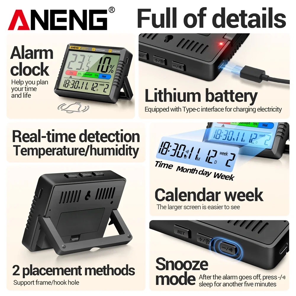 Digital Hygrometer ANENGAP01 LCD Thermometer Humidity Meter Alarm Clock  Multiscene Measurement Air Temperature Hygrometer  tool
