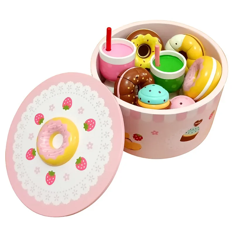 

wooden Mother garden Role Play Food Cutting Cooking Pretend Wood Kids Round box kitchen toys cakeset WCS12 High quality