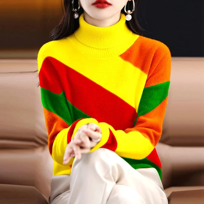 

Xiaoxiangfeng High Neck Sweater Color Blocked Autumn Winter Women New Knitted Sweater Stylish Loose Striped Contrasting Base Top