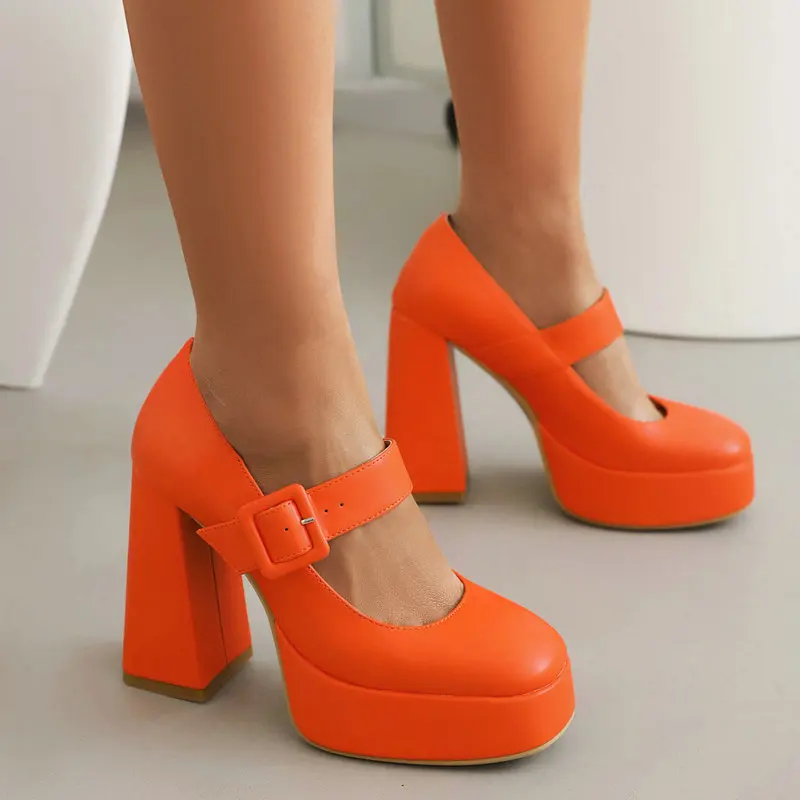 Pink Orange Classic Closed Round Toe Ladies Party Dress Pumps Big Buckle Belt Platform High Heeled Woman Shoes Mary Janes Heels