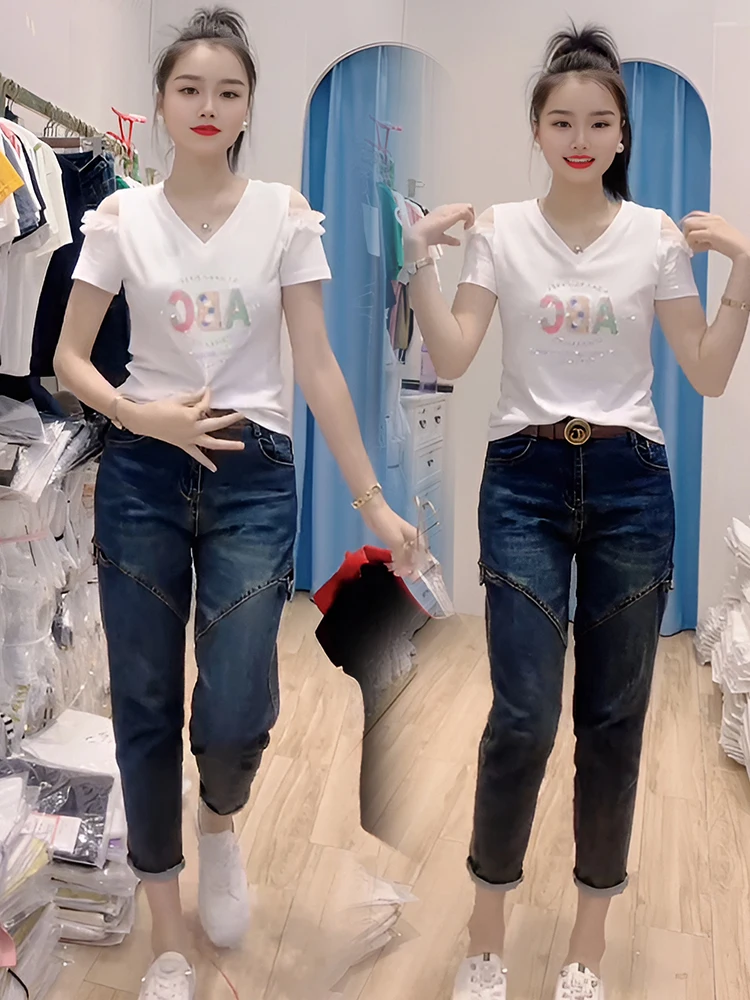 Sommer 2025, erschwingliches Damen-T-Shirt aus reiner Baumwolle, oulder Bared Strass-Design, vielseitiges koreanisches SLE-Top