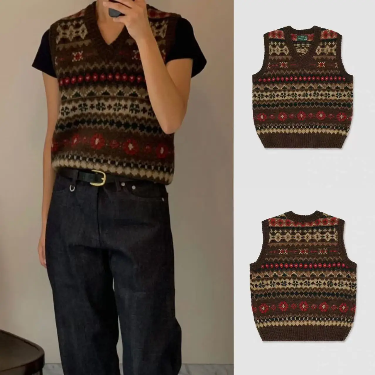 

Nordic Sle Fair Isle вязаный шерстяной жилет с V-образным вырезом Urbnic30 Dongda Gate, очень женский модный зимний длинный жилет для поездок на работу