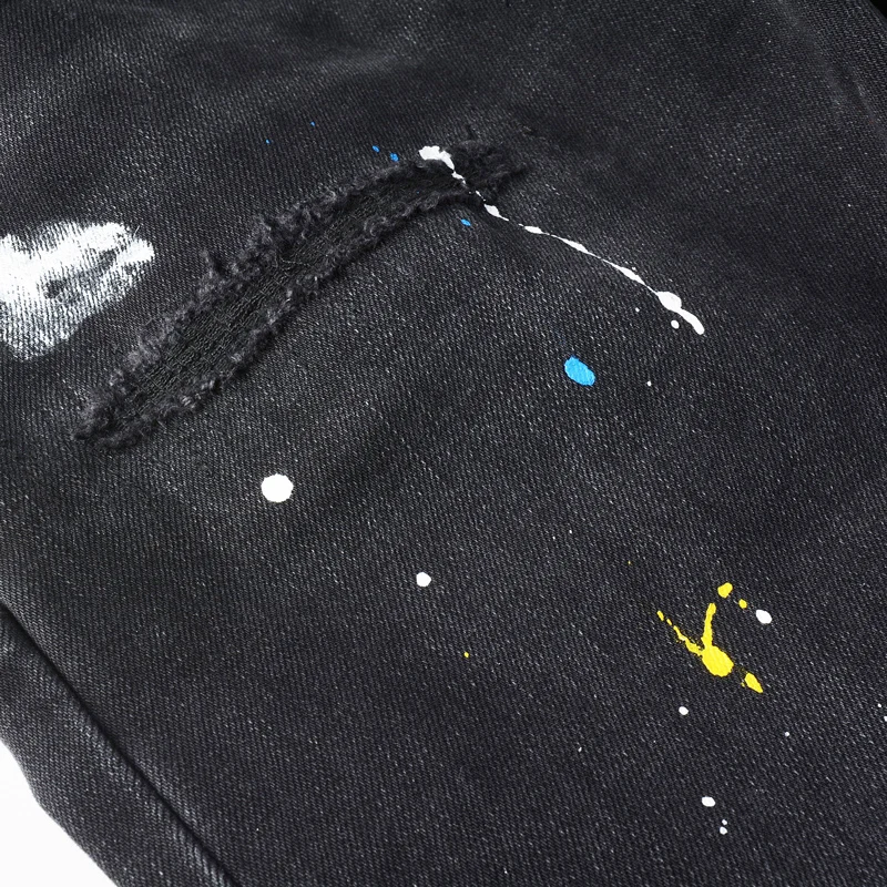 y2k new men's jeans, painted elastic slim fit, washed and worn black jeans, high street designer hip-hop brand pants, ho