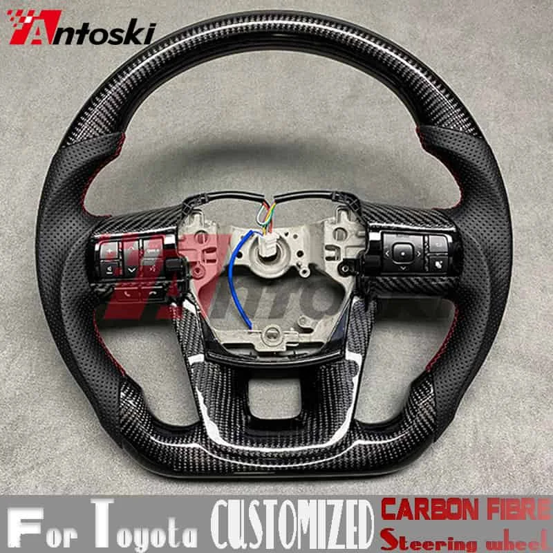 

Для Toyota Hilux Sr5 Fortuner Vigo Revo 2015 2016 2018 2019 2020 2021 2022 рулевое колесо из углеродного волокна черная перфорированная кожа