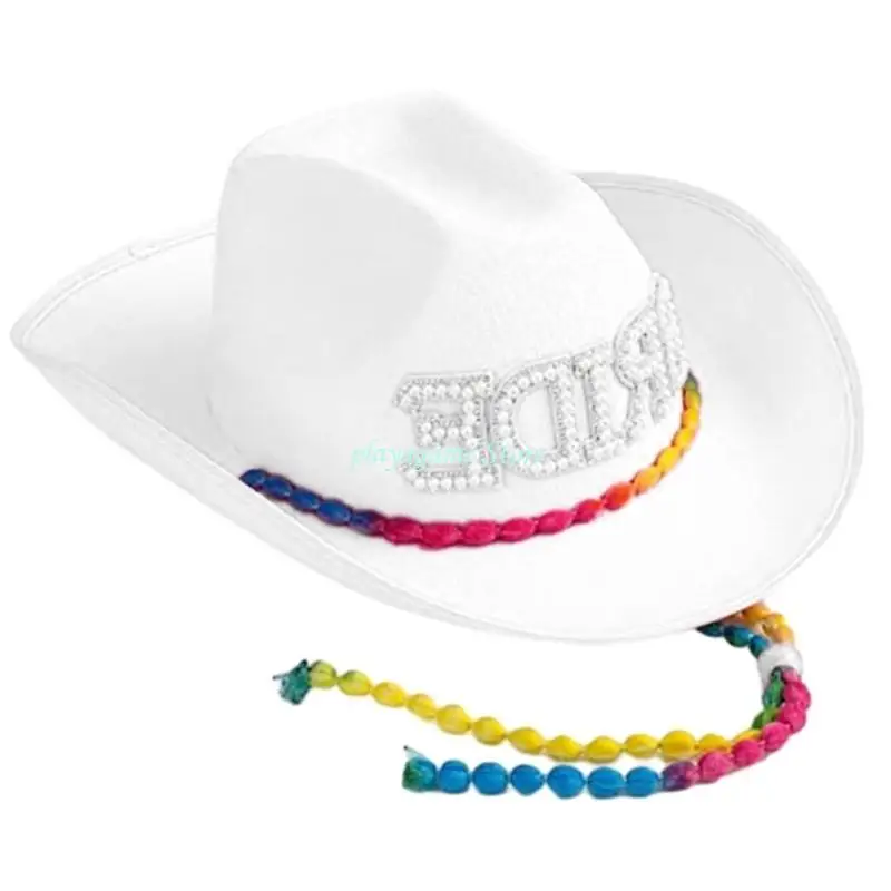 Y88A قبعة راعية البقر لحفلات الزفاف مصنوعة يدويًا مع حرف العروس اللؤلؤي قبعة فيدوراس الغربية مع حبل الذقن الملون للعروس #3