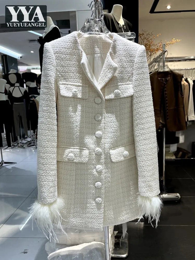 

Elegant Women Slim Fit Mid Long Tweed Jacket Office Ladies Single Breasted Feather Sleeve Banquet Coat French Style Autumn Coats