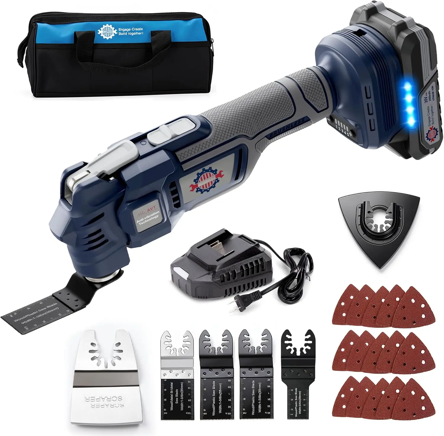 20V Cordless Brushless Oscillating Tool Kit with Battery and Charger | 5-speed control; 10,000–19,000 OPM; soft start; electroni