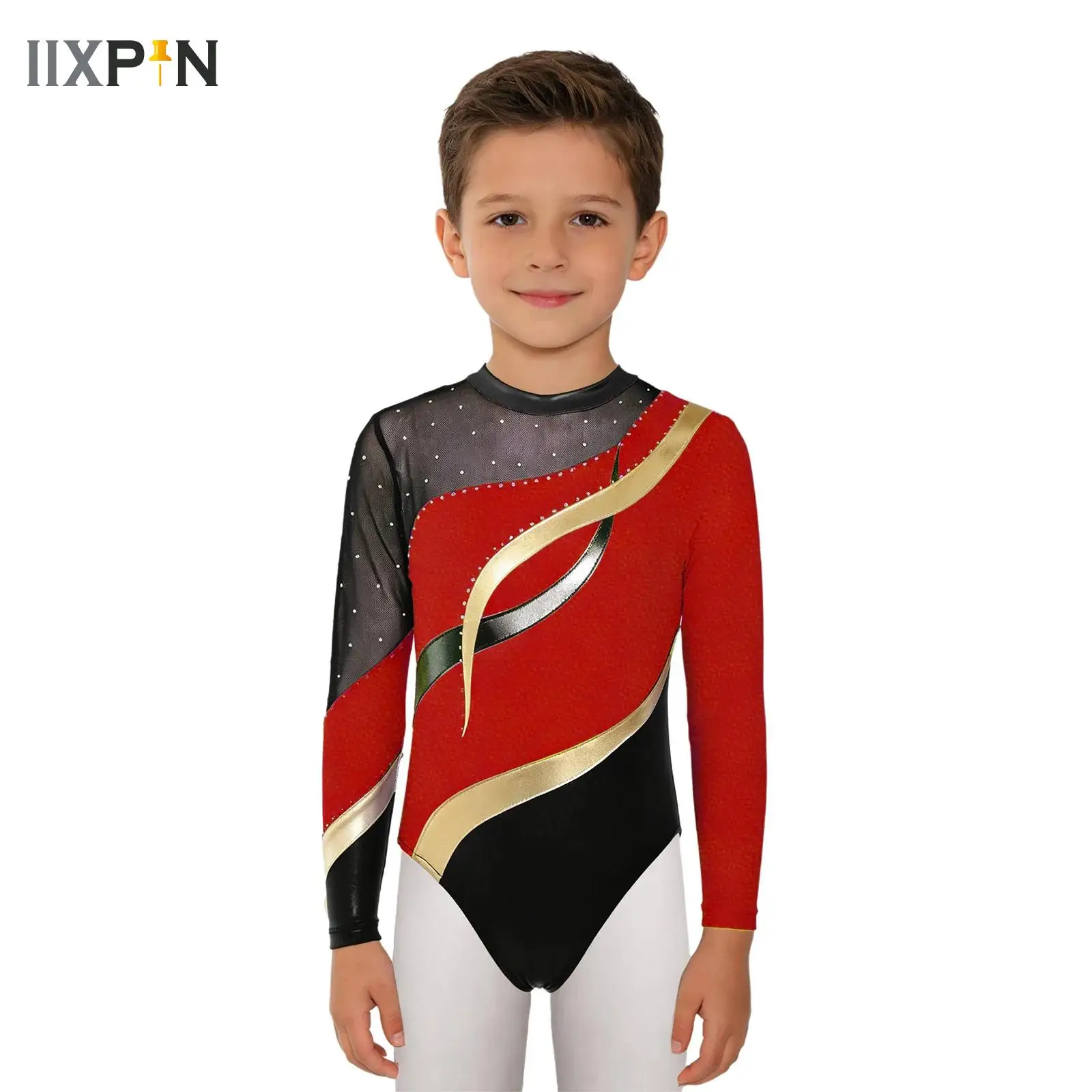 

Kids Boys Ballet Dance Jersey Jumpsuit Gymnastics Bodysuit Long Sleeve Rhinestones Performance Costume Yoga Workout Gym Leotard