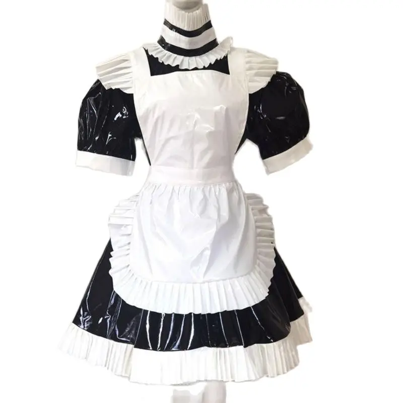 

Adult Giant Baby Sexy Girl Black Thin PVC Sissy Short Sleeved Dress White Apron Japanese Maid Role-playing Custom Lockable