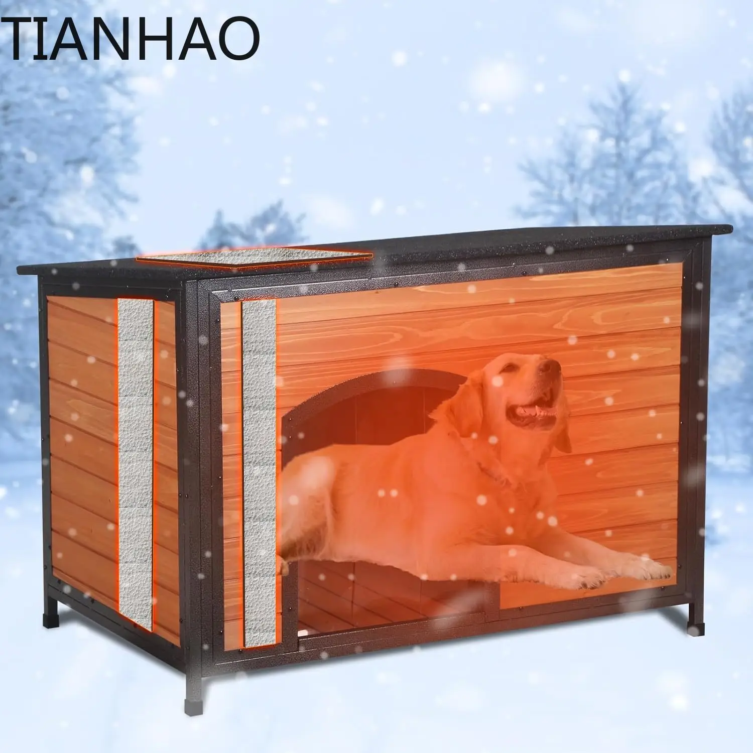Large Insulated Dog House for Outdoor Use 6-Side Foam Weatherproof Winter Kennel with Metal Frame 43 Inch Custom Size Pet
