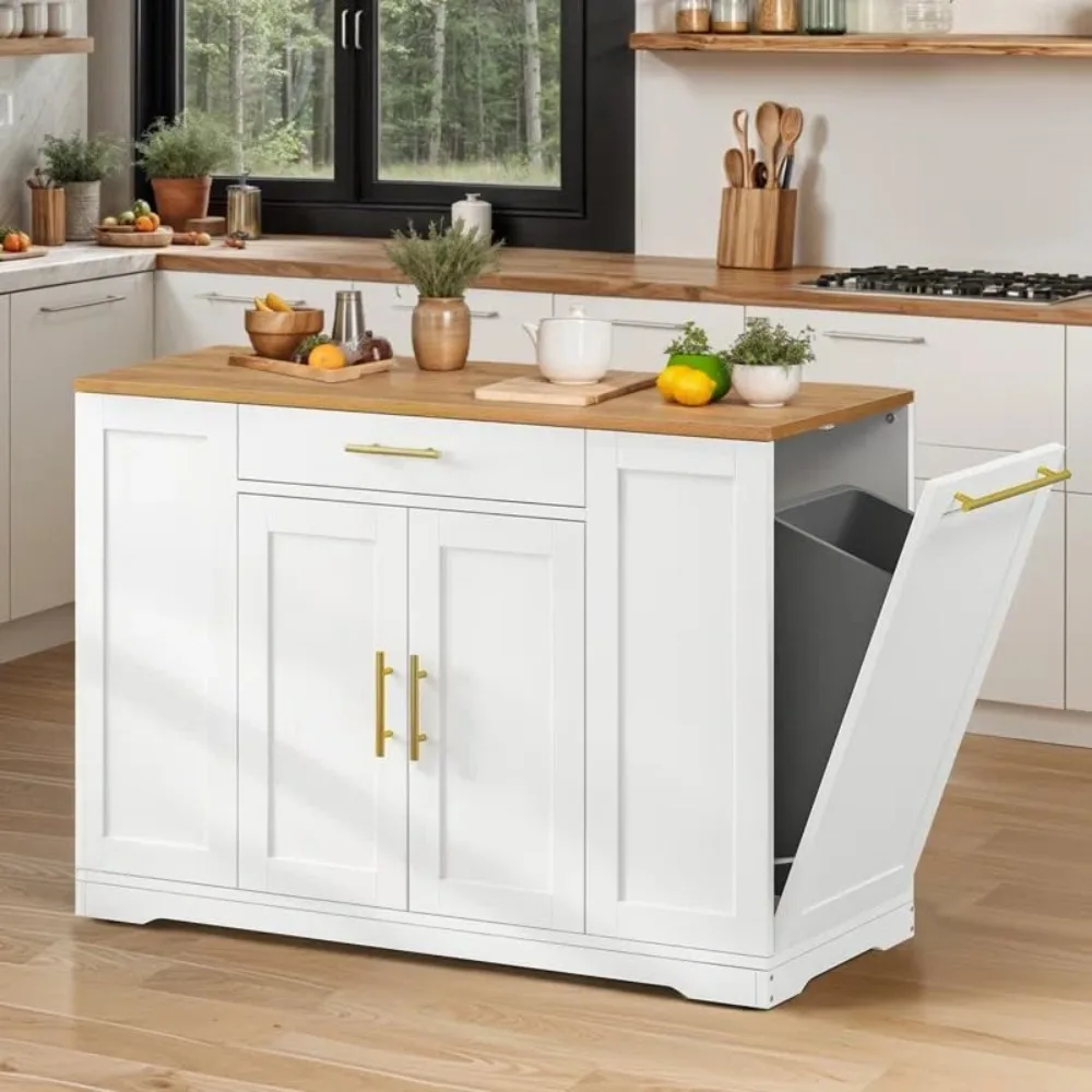 53 inch Large Rolling Kitchen Island with Trash Can Storage Cabinet  Portable Mobile Islands Table Long Floating Movable