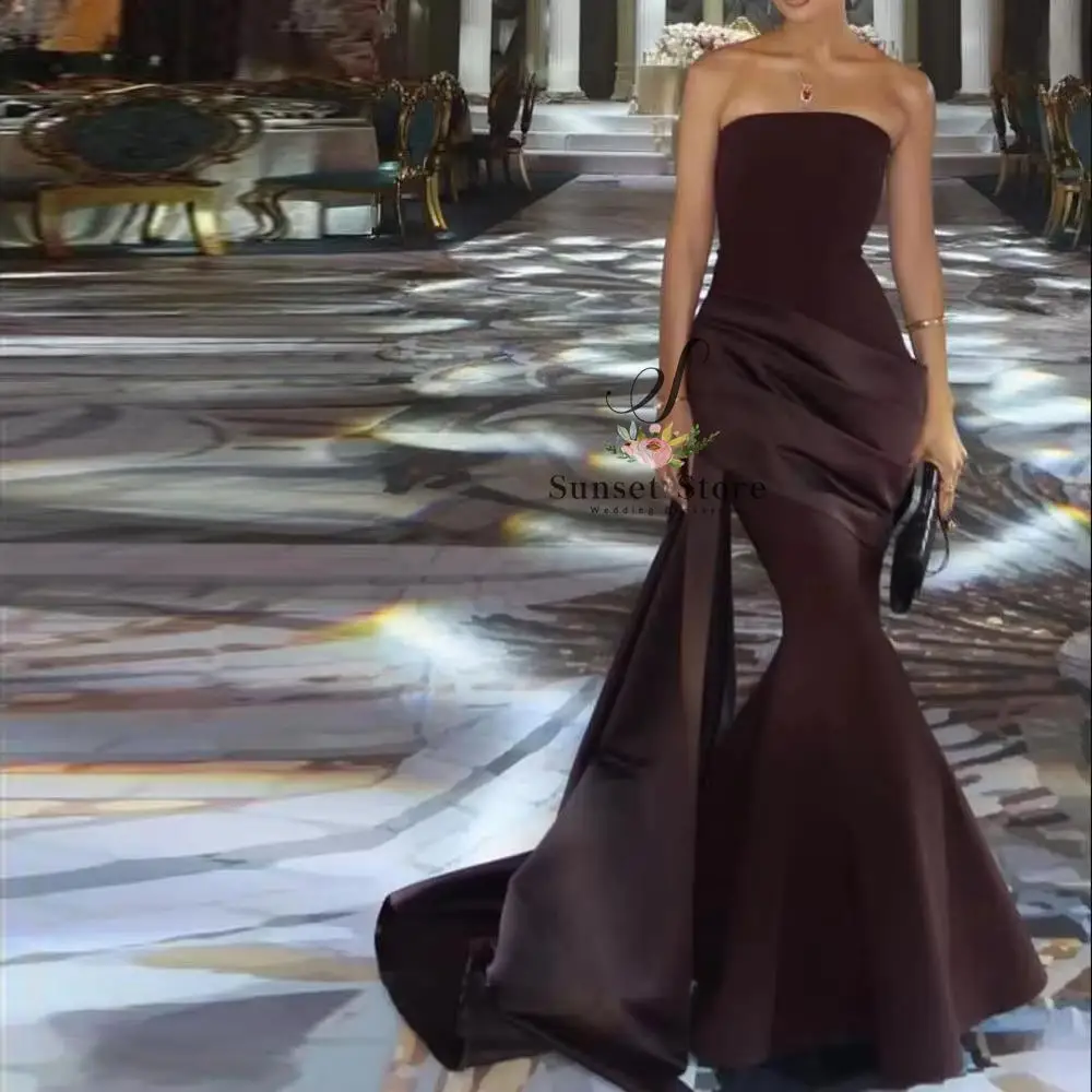 Customized Mermaid Evening Dress with Overskirt Brown Satin Formal Gown Pleated Trumpet Banquet Dress for Women