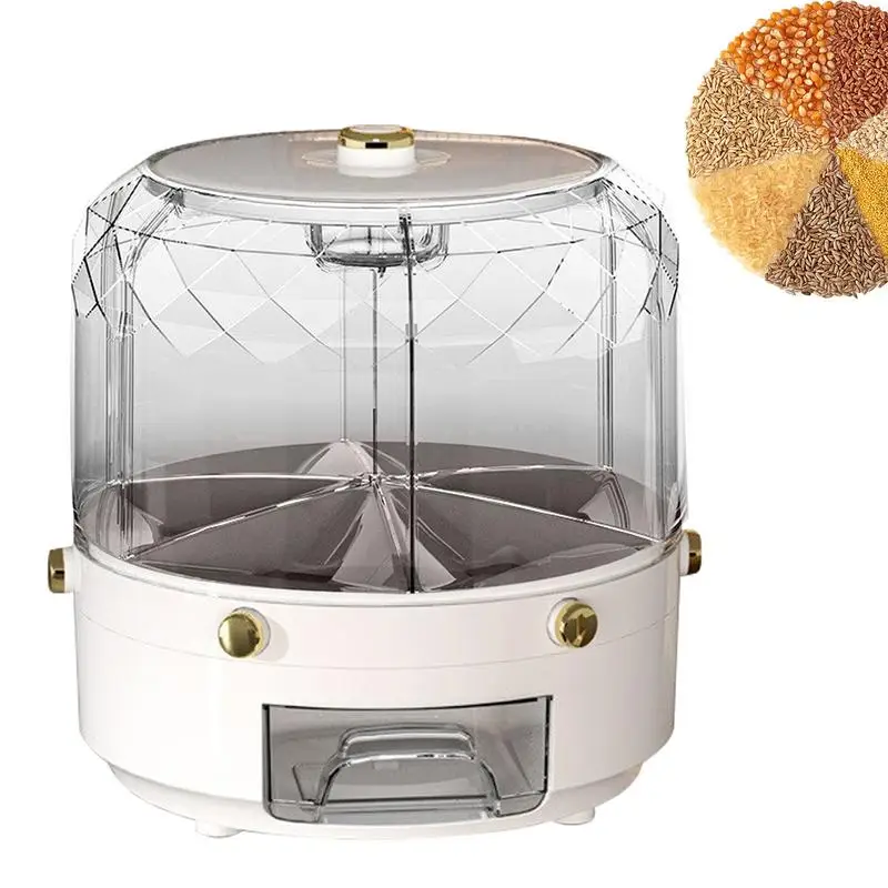 

Rotating Rice Bucket Countertop Large Capacity Bean Container 360 Rotating Candy Dispenser 6 Grids Grain Storage Box For Cabinet