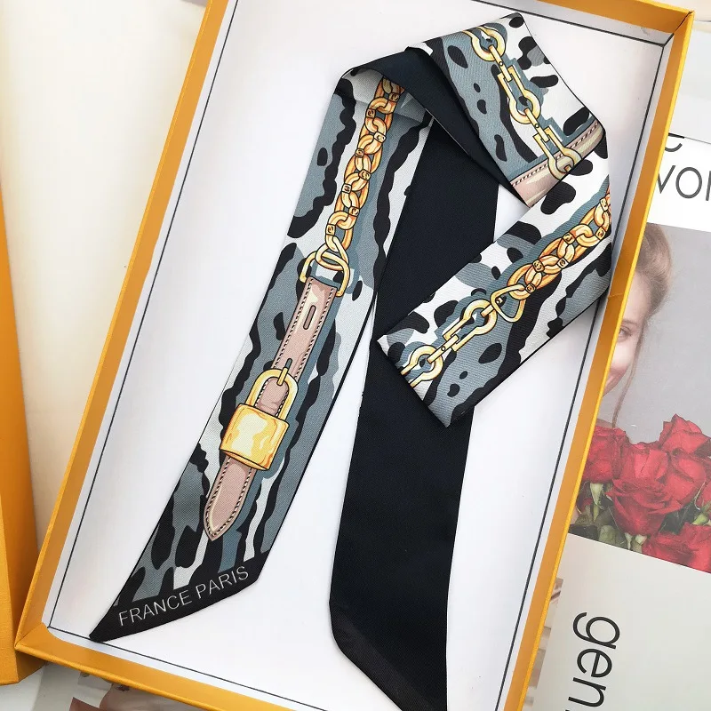 2024 Fashion Leopard Print Chain Lock Double Layered Twill Silk Bag Handbag Handle Ribbon Scarf Hair Head Band Neck Scarf