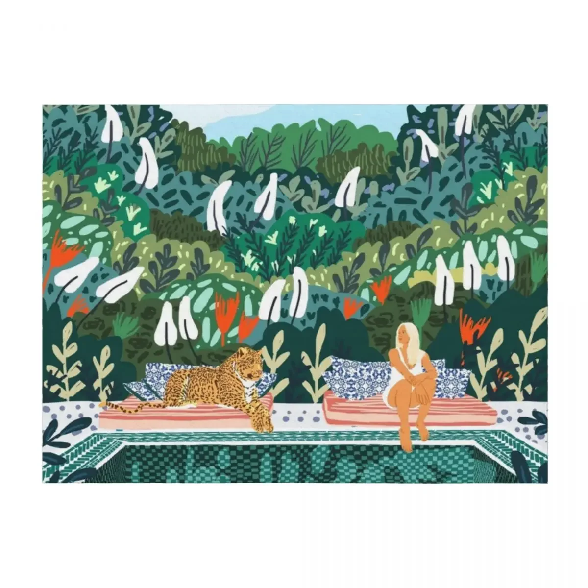 

Chilling by the pool with my leopard Tropical Jungle Nature Wildlife Bohemian Morocco Travel Throw Blanket Furrys Blankets