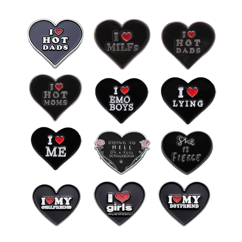 

Black Heart Series Enamel Pins I love Mom Dad Brooches Creativity Lapel Badge Pin for Backpack Clothes Hard Collection Pin Gift