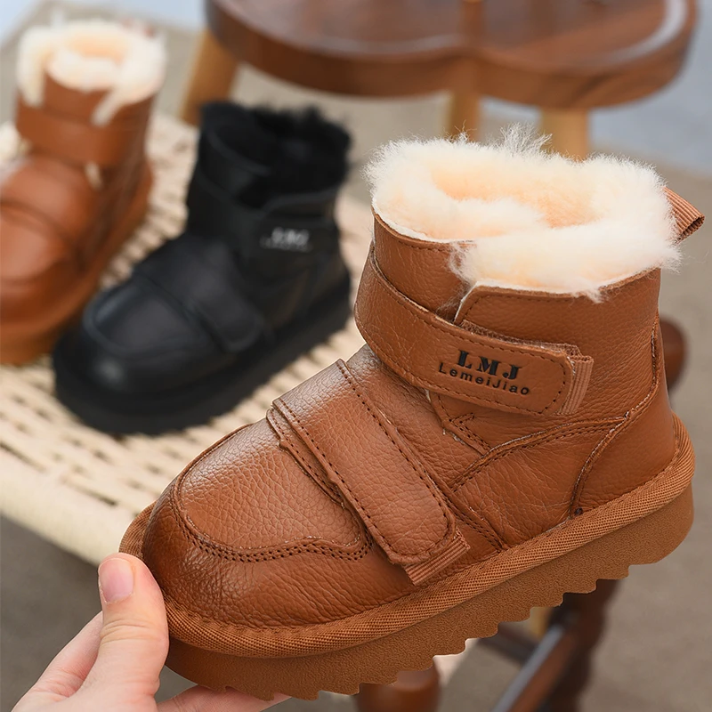 

Genuine Leather Children's Snow Boots, Waterproof Top Layer Cowhide Cotton Boots, 2025 Winter New Item, Boys' Large Cotton Shoes