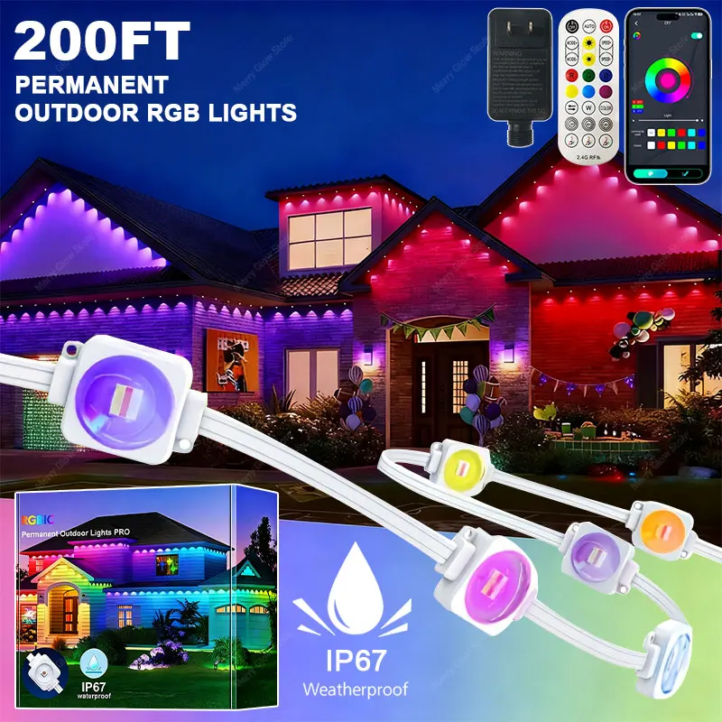 200FT 120LED Permanent Outdoor Smart Eaves Light Bluetooth App Control RGBIC DIY Decorative Lights For Christmas Halloween Decor