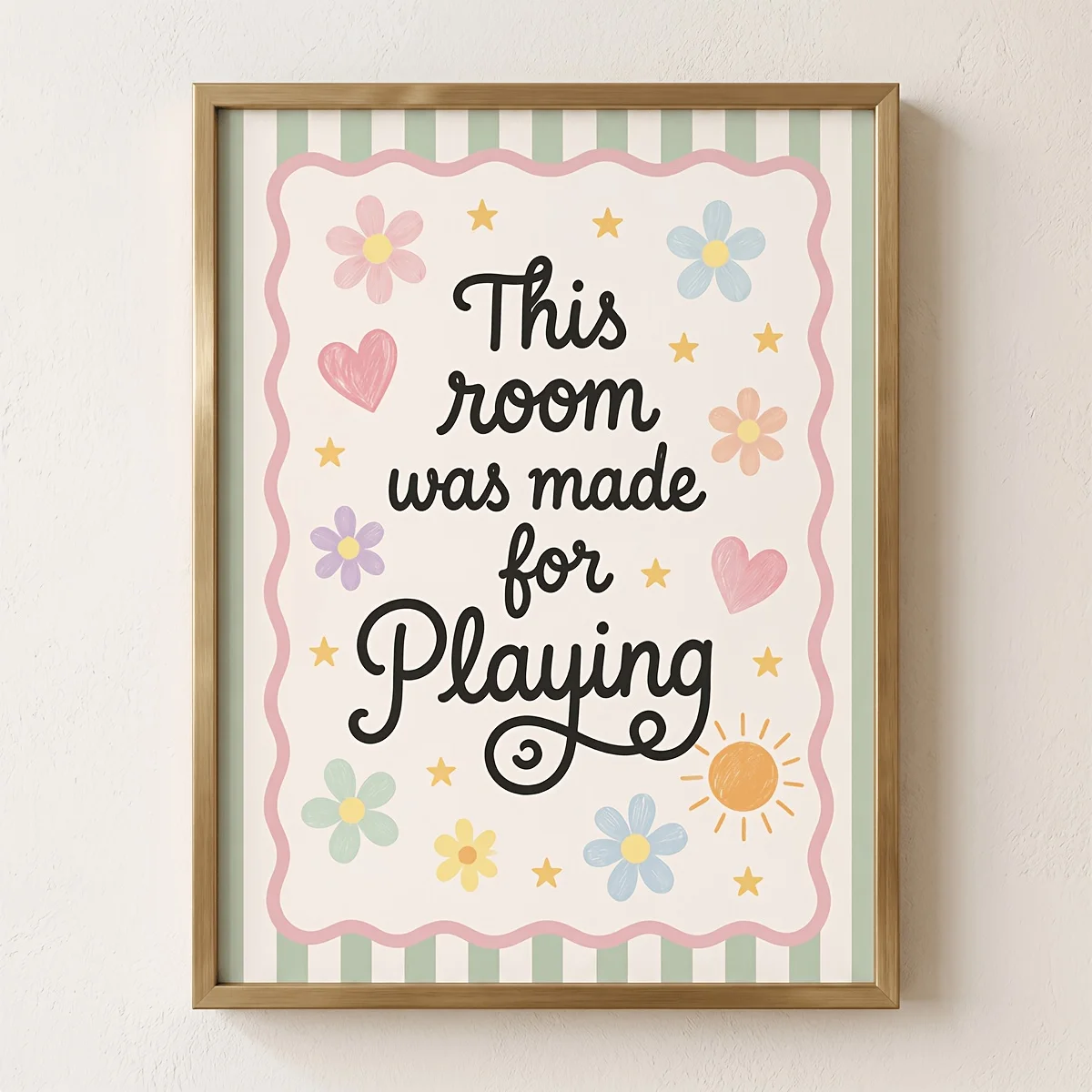 2D Flat, Kids Nursery Wall Art Suitable for Playroom & Toddler Bedroom - Sage Green Striped Pastel Boho Cursive with Wavy Pin