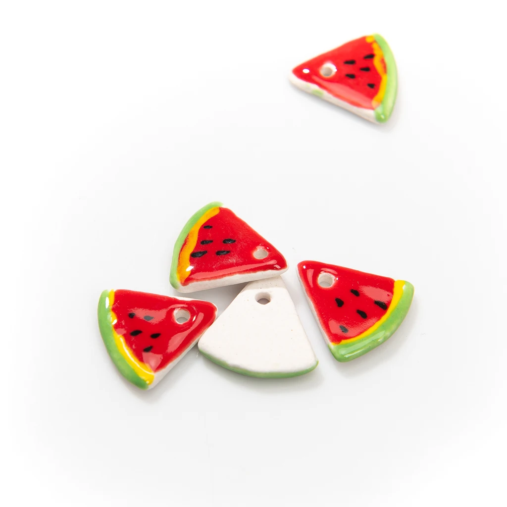 Handcrafted Ceramic Watermelon Slice Pendants Set 5 Pieces 19mm Colorful Porcelain Charms for DIY Jewelry