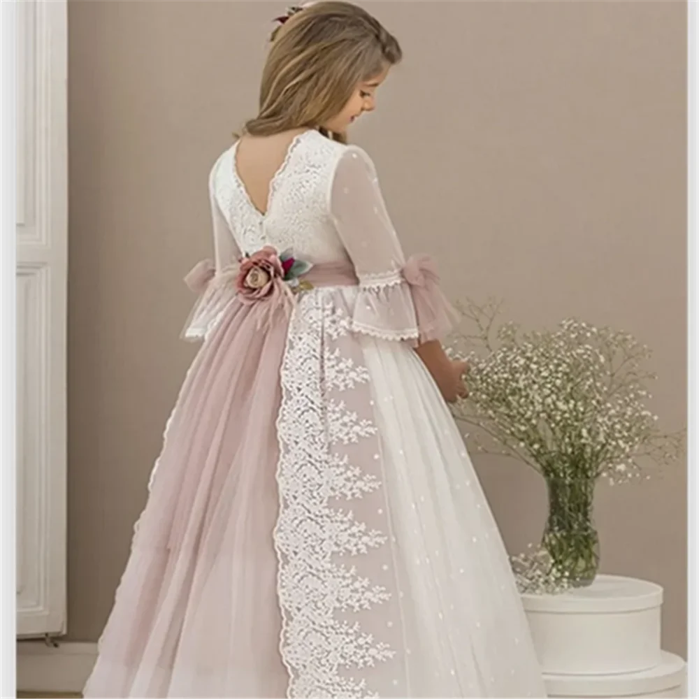 Pink Flower Girl Dresses Tulle Puffy Tiered Flory Pattern Long Sleeve For Wedding Birthday Party First Communion Gowns