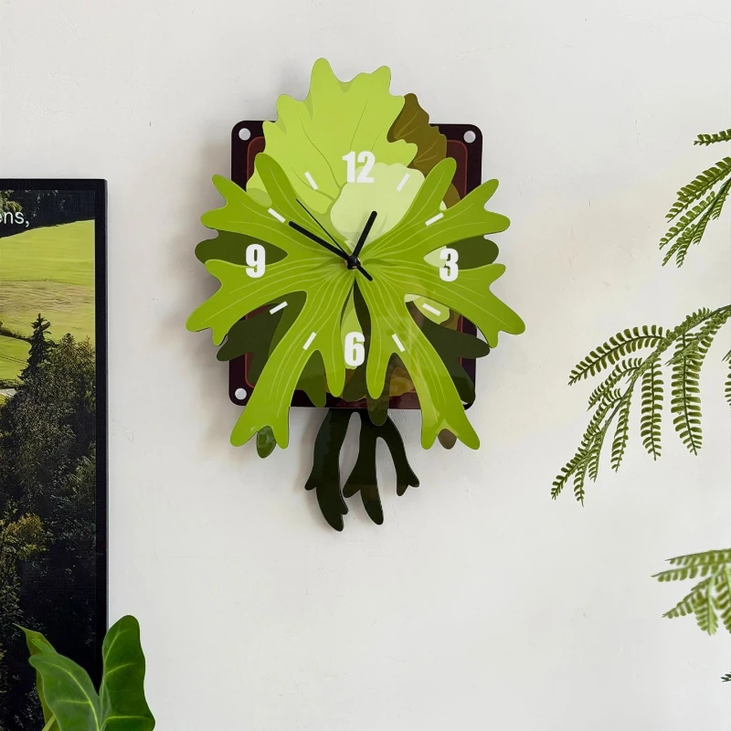 Silent Wooden Wall Clocks Staghorn Fern Shape Wall Clock Swing Art Wall Watch Living Room Creative Indoor Household Ornament