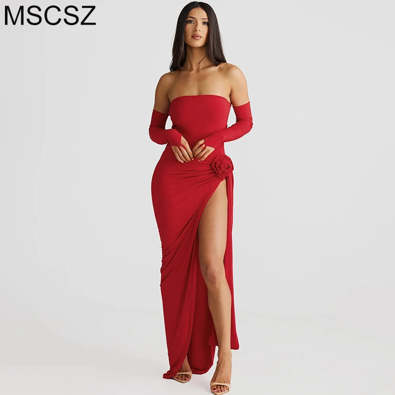 

MSCSZ Strapless Bodysuit And Skirt Two Piece Set Woman Elegant Party Club Outfits Flower Applique Maxi Skirt Sets