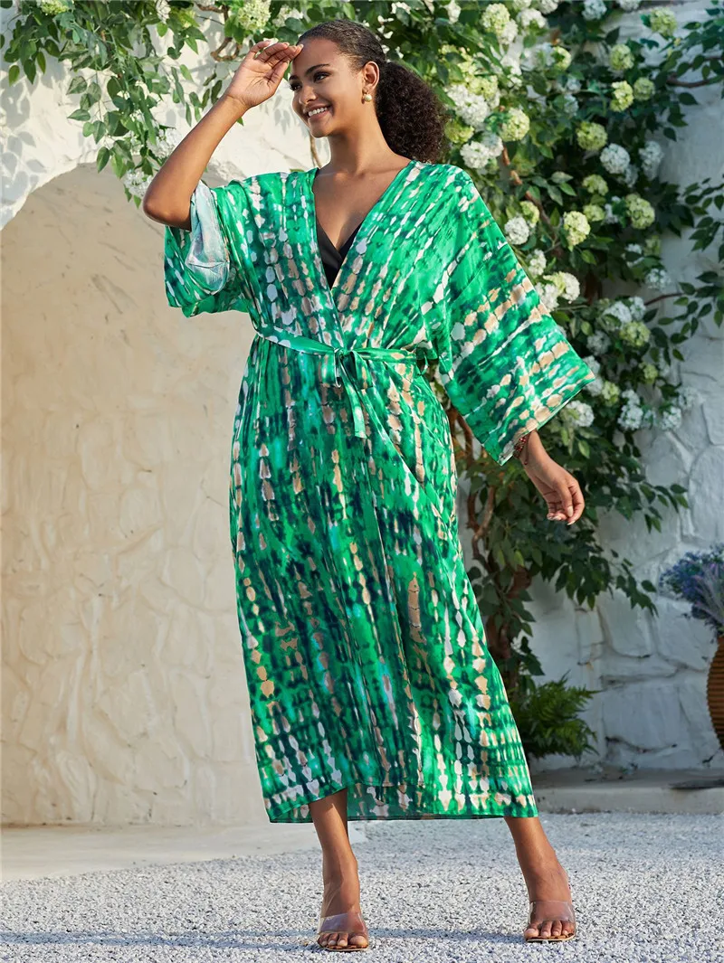 Langer Kimono-Badeanzug für Damen, stilvoller Batik-Badeanzug mit offener Vorderseite und Strand-Outfits – Detail 7