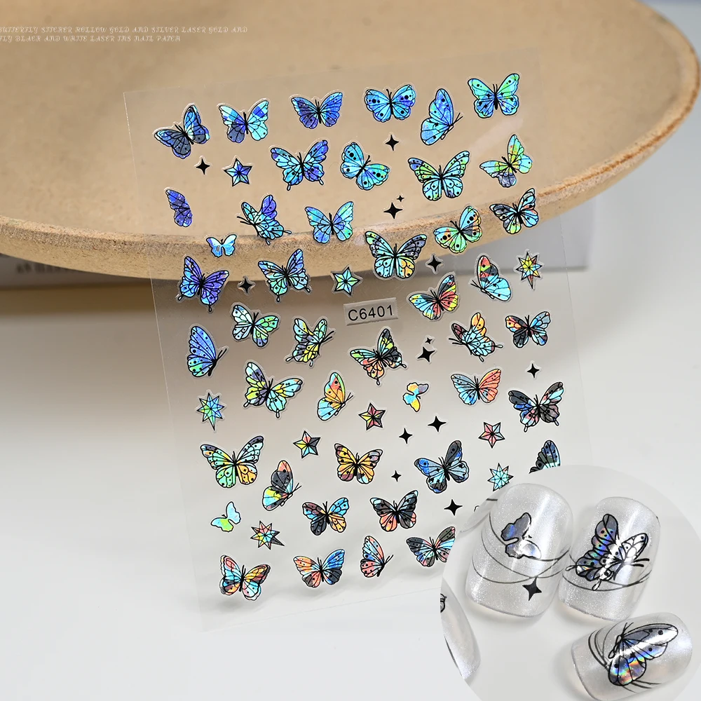 1pcs 3D Aurora Laser Butterfly Nail Art Stickers Shiny Holographic Butterflies Nail Decals 8*10cm Self-Adhesive Nail Decorations